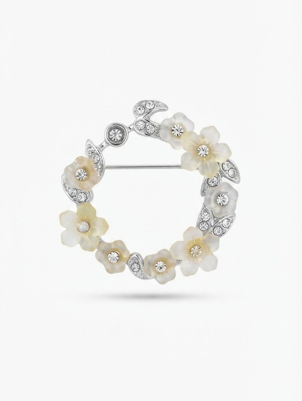 Vintage Mother of Pearl Flower Wreath Brooch, Silver Tone Floral Circle Pin with